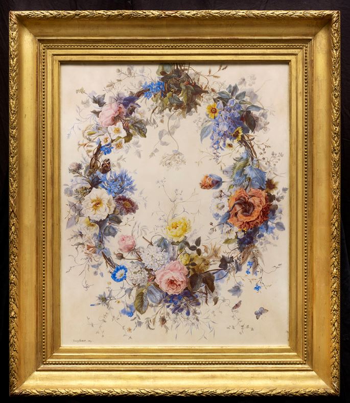 Fanny Burat - A sumptuous hanging garland of flowers including roses and a peony | MasterArt